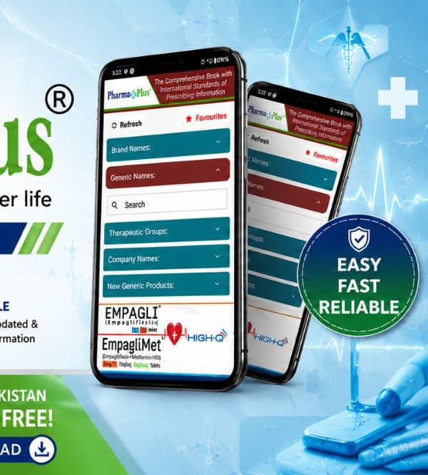 The Pharma+Plus app, showing search by brand name, generic name, therapeutic group and company